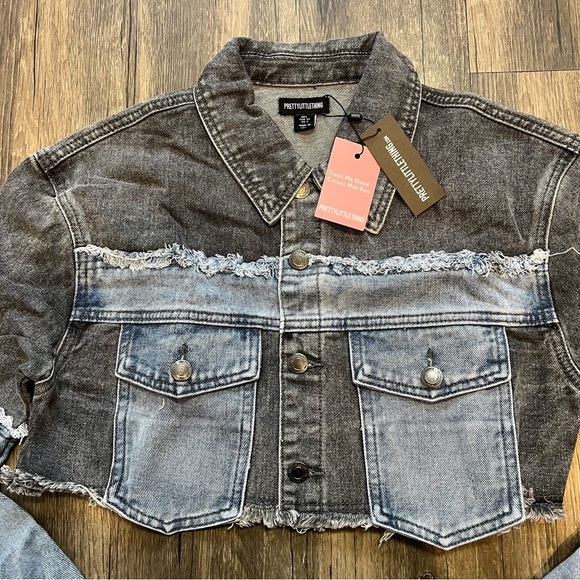 NWT PrettyLittle Thing Grey Blue Double Layered Denim Cropped Jacket Coat Size 2 - Picture 6 of 10